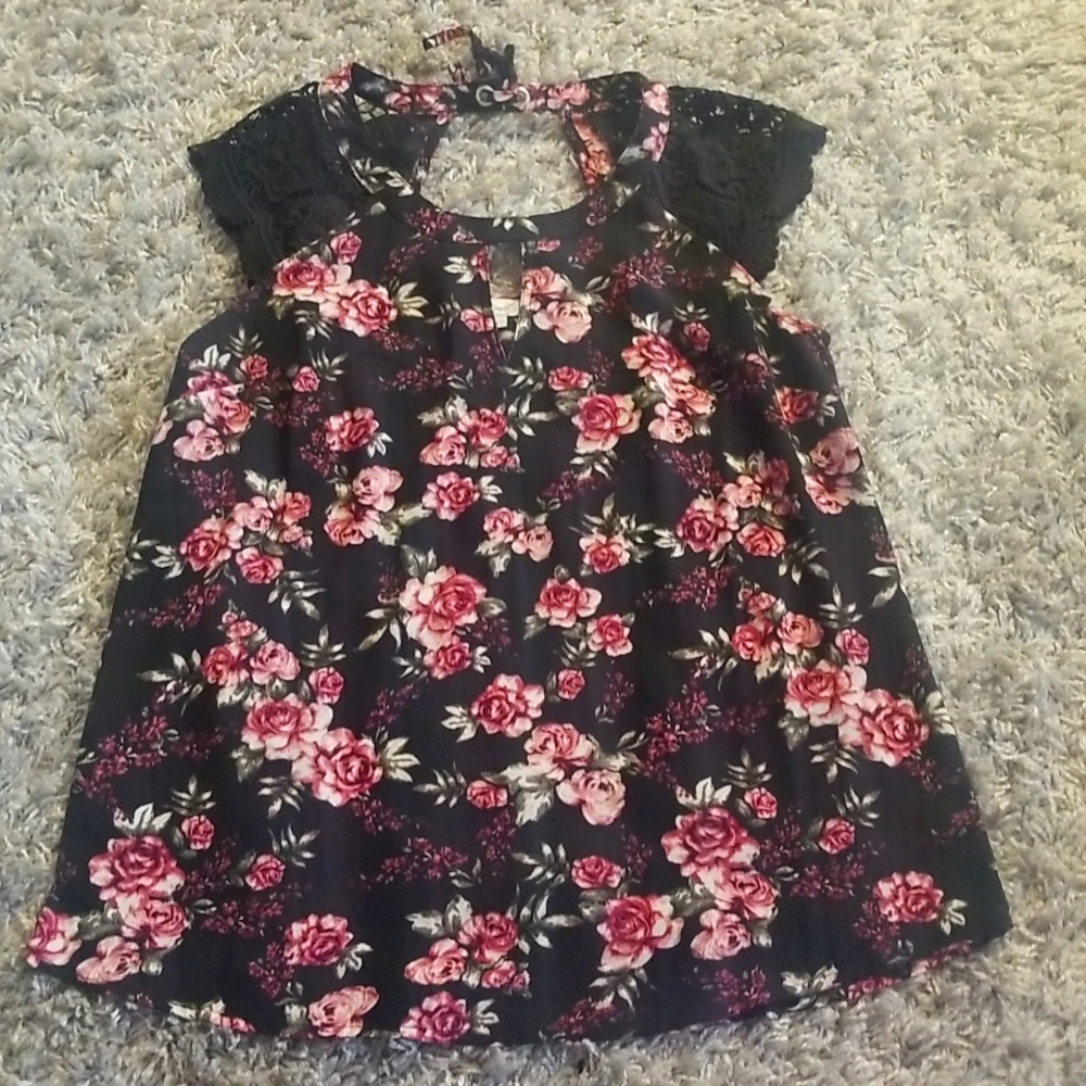 (XS) Kismet Floral Roses with Lace Shoulders Tie Back Cutout Keyhole